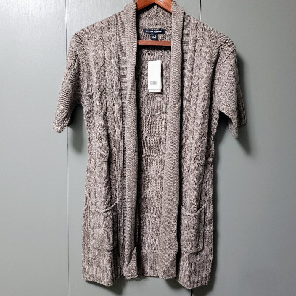 NEW VTG Banana Republic Petite Cable Knit Lambswool Blend Long Open SS Cardigan